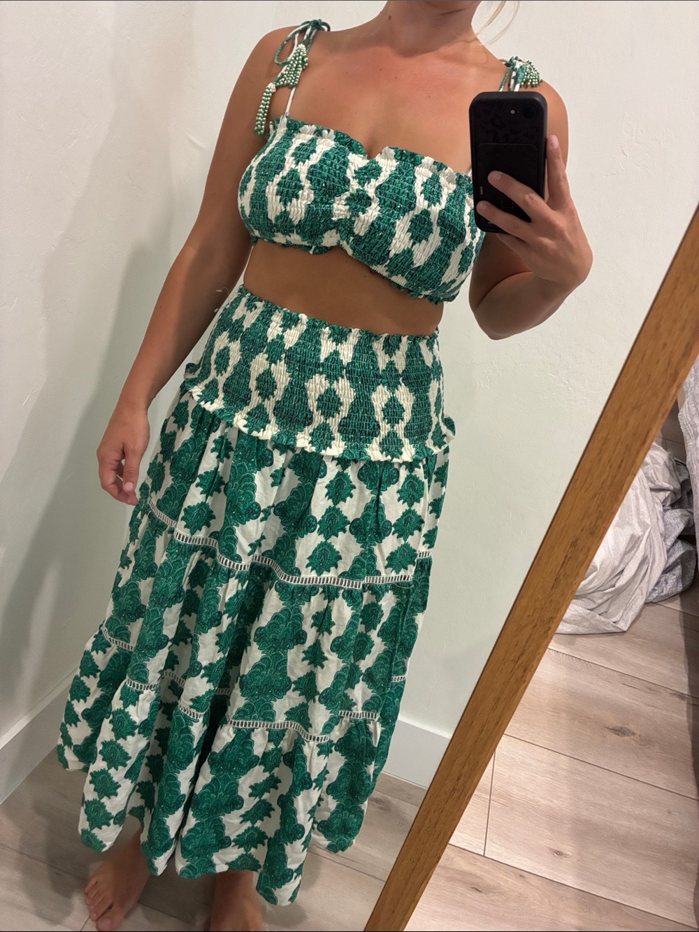 House of Harlow 1960 Green and White Smocked Maxi Skirt